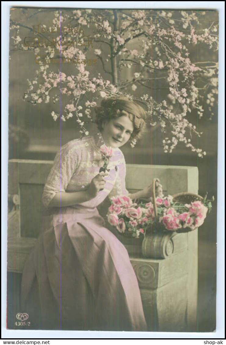 Y1703/ Glückwunsch Zum Geburtstag Frau Mit Blumenkorb 1913 Foto AK - Birthday