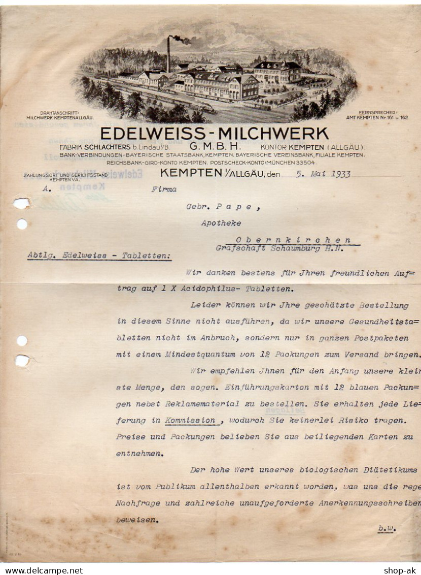 C727/ Rechnung Briefkopf Edelweiss-Milchwerk, Kempten Allgäu 1933 - Autres & Non Classés