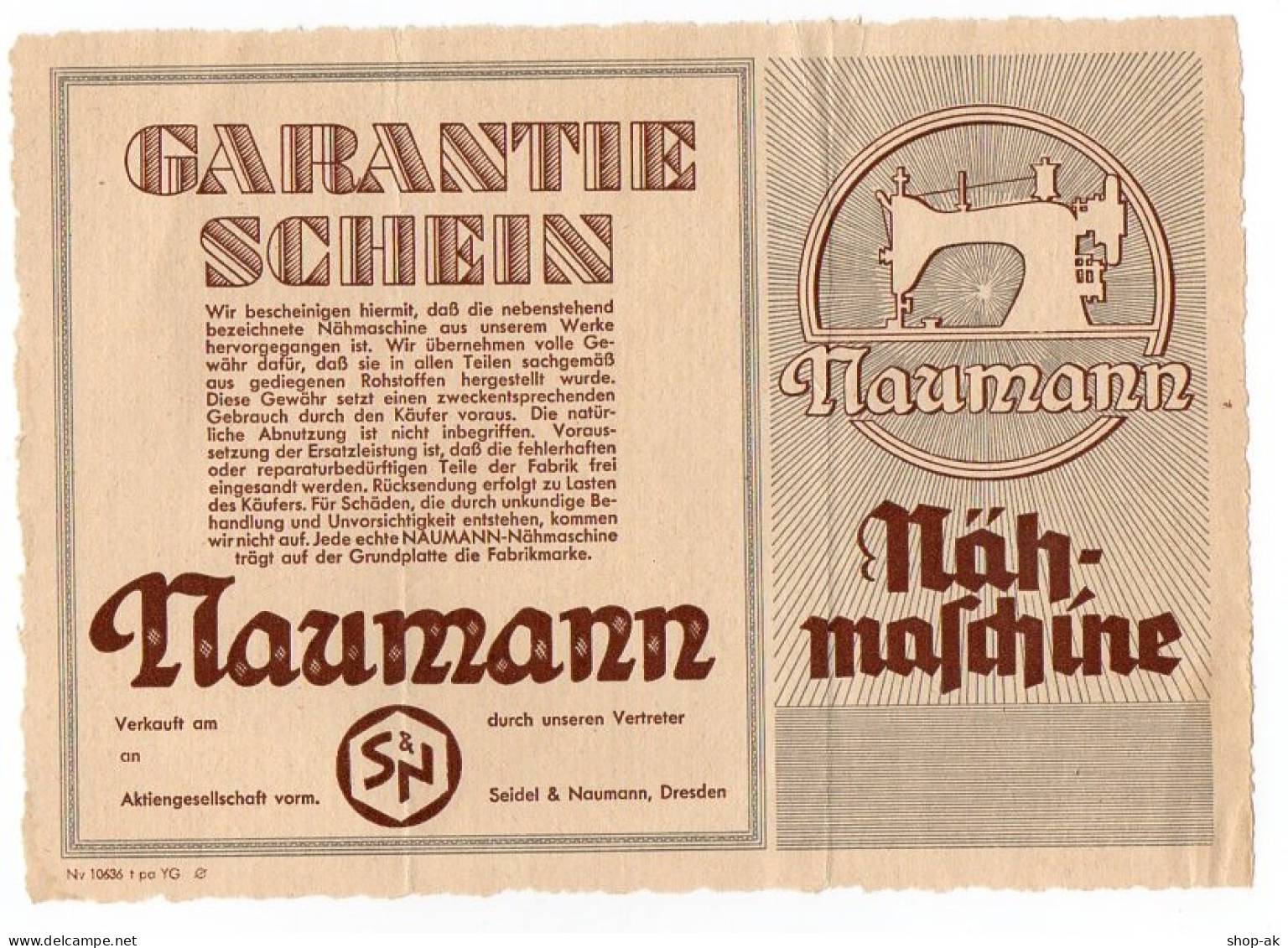 C738/ Naumann Nähmaschine Garantieschein Ca.1935 - Advertising