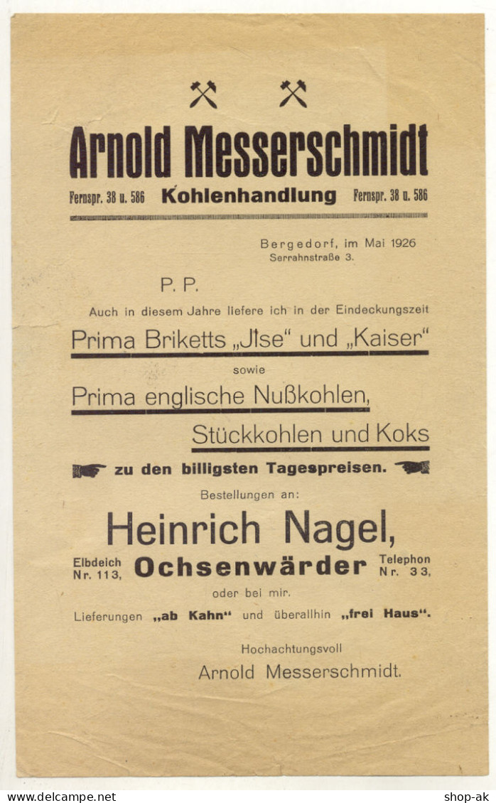 C625/ A. Messerschmidt Kohlenhandlung Bergedorf 1926 Werbeblatt Ochsenwärder - Advertising