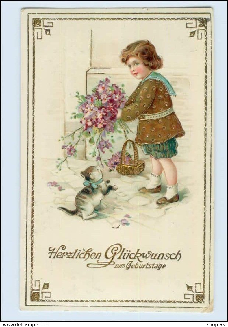 W8K93/ Geburtstag Mädchen Mit Katze Litho Glanz AK 1916 - Anniversaire