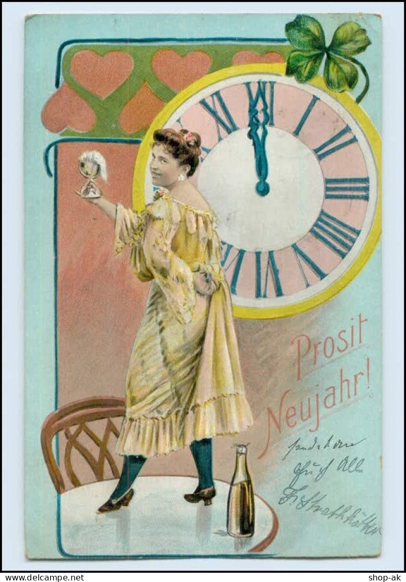 W8F93/ Neujahr Frau Mit Sekt Schöne AK 1904 Uhr - New Year