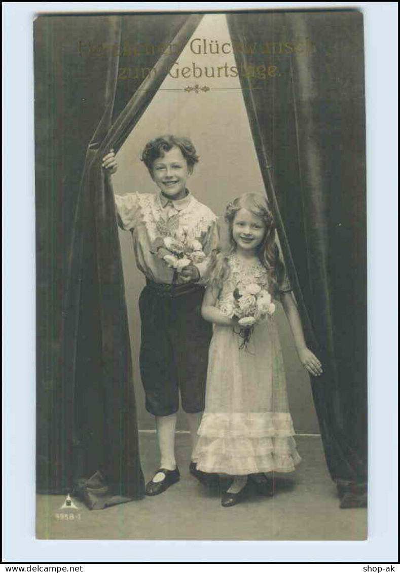 W7U31/ Geburtstag Kinder Mit Blumen Schöne Foto AK 1908 - Cumpleaños