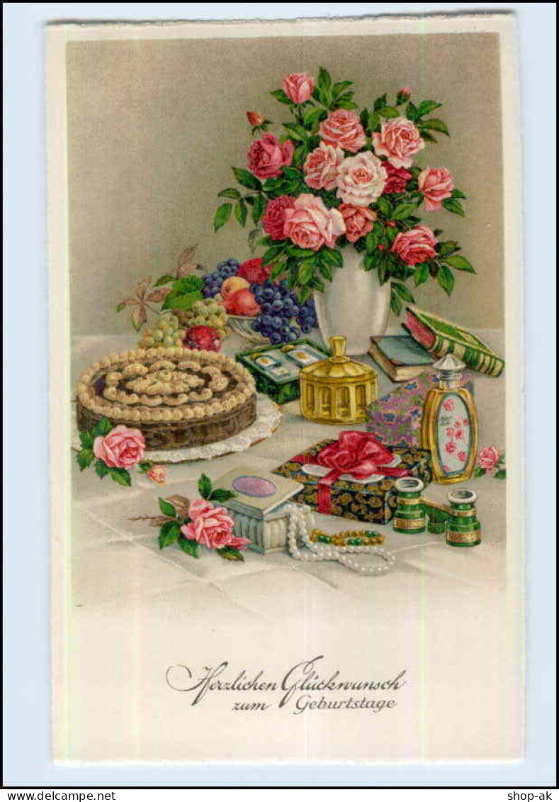 W7T70/ Geburtstag Litho AK Torte Blumen Fernglas Perlenkette Ca.1930 - Birthday