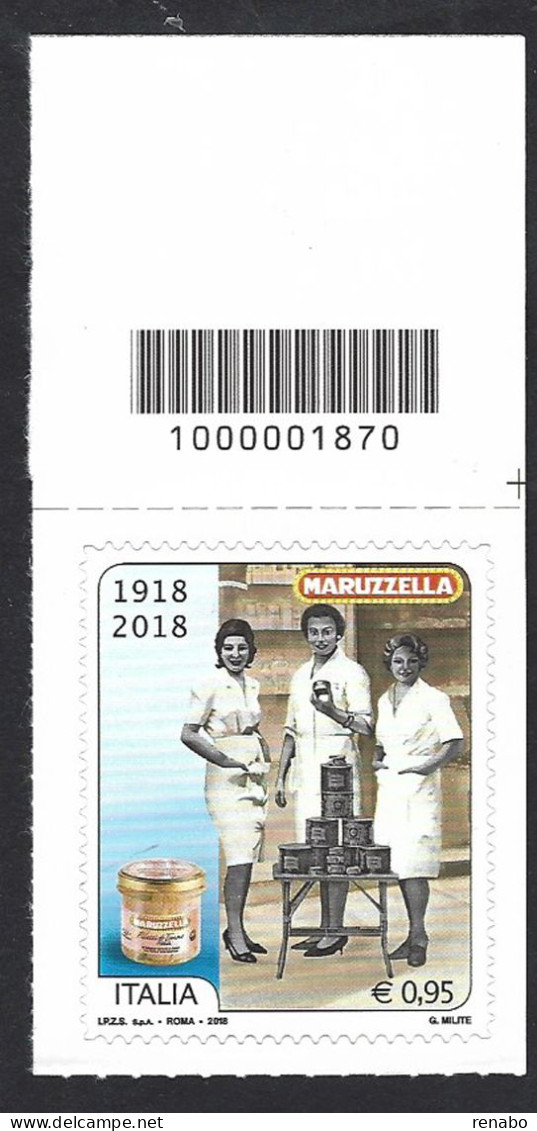 Italia 2018; 100° Maruzzella, Ditta Che Lavora Prodotti Ittici; Francobollo A Barre Superiori. - Bar Codes