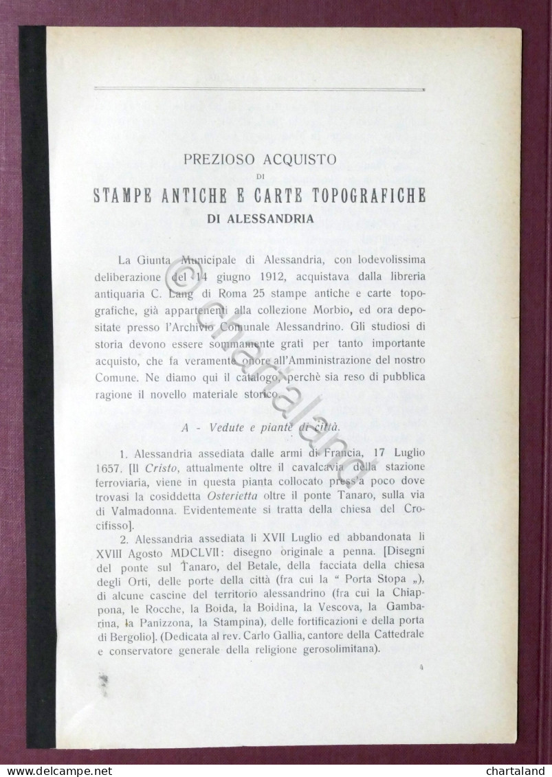 Prezioso Acquisto Di Stampe Antiche E Carte Topografiche Di Alessandria 1912 Ca. - Altri & Non Classificati