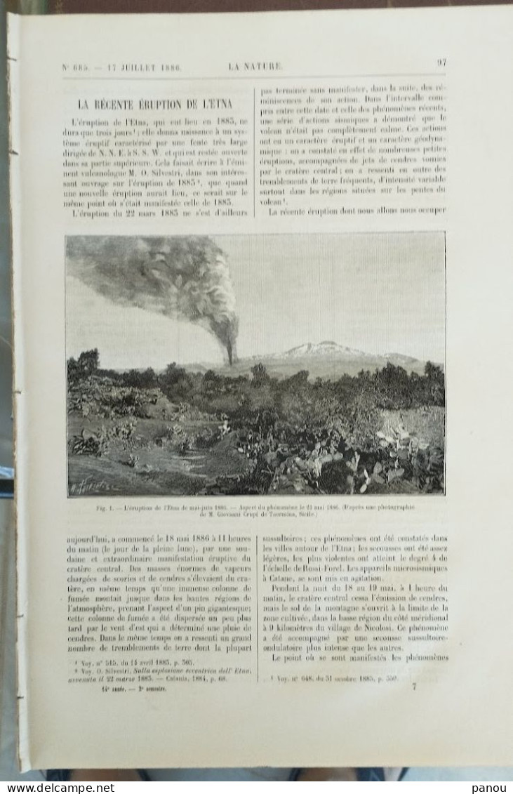 LA NATURE 685 / 17-7-1886. ETNA. GRAVURE TYPOGRAPHIQUE. NOUVELLE-ORLEANS. MINES DECAZEVILLE AVEYRON - Magazines - Before 1900