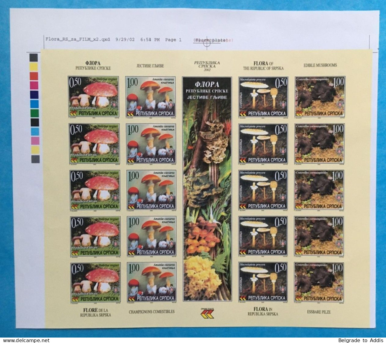 Bosnia Yugoslavia RS Serbia Mi.255/58UP Full Sheet Imperforated PROOF On Cromalin Paper MNG 2002 Mushrooms Fungis - Bosnia And Herzegovina