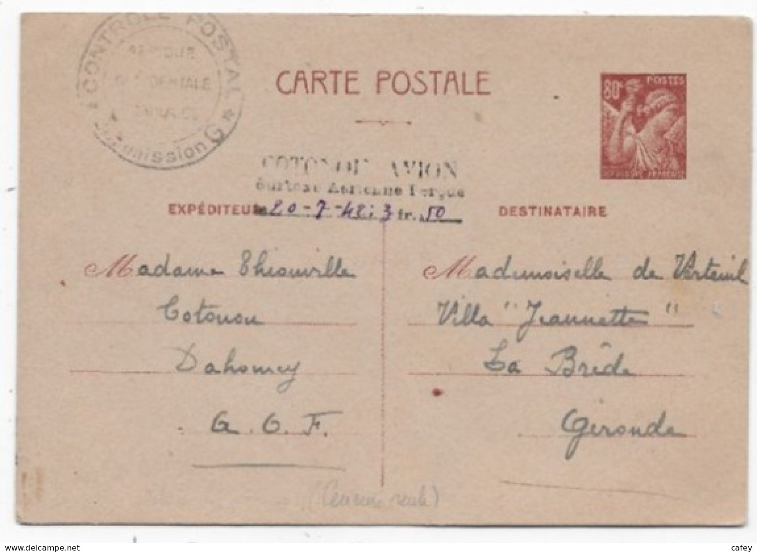 Carte Entier IRIS Utilisation Extérieure Griffe COTONOU AVION / SURTAXE AERIENNE PERCUE / 3F50 + Censure Commission G - 2. Weltkrieg 1939-1945