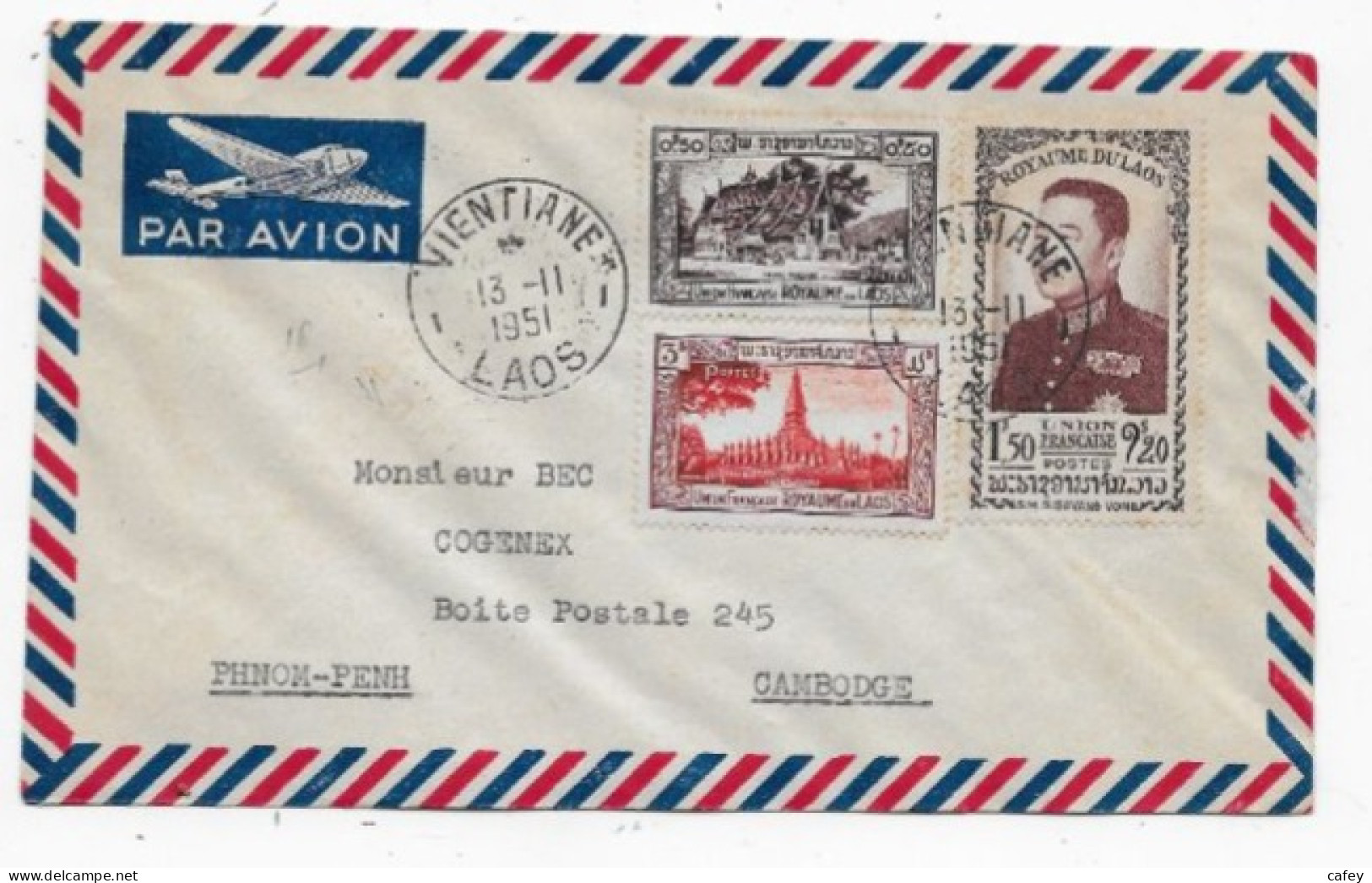 Lettre De VIENTIANE / LAOS 1951 Timbres UNION FRANCAISE Cachet Verso - Laos