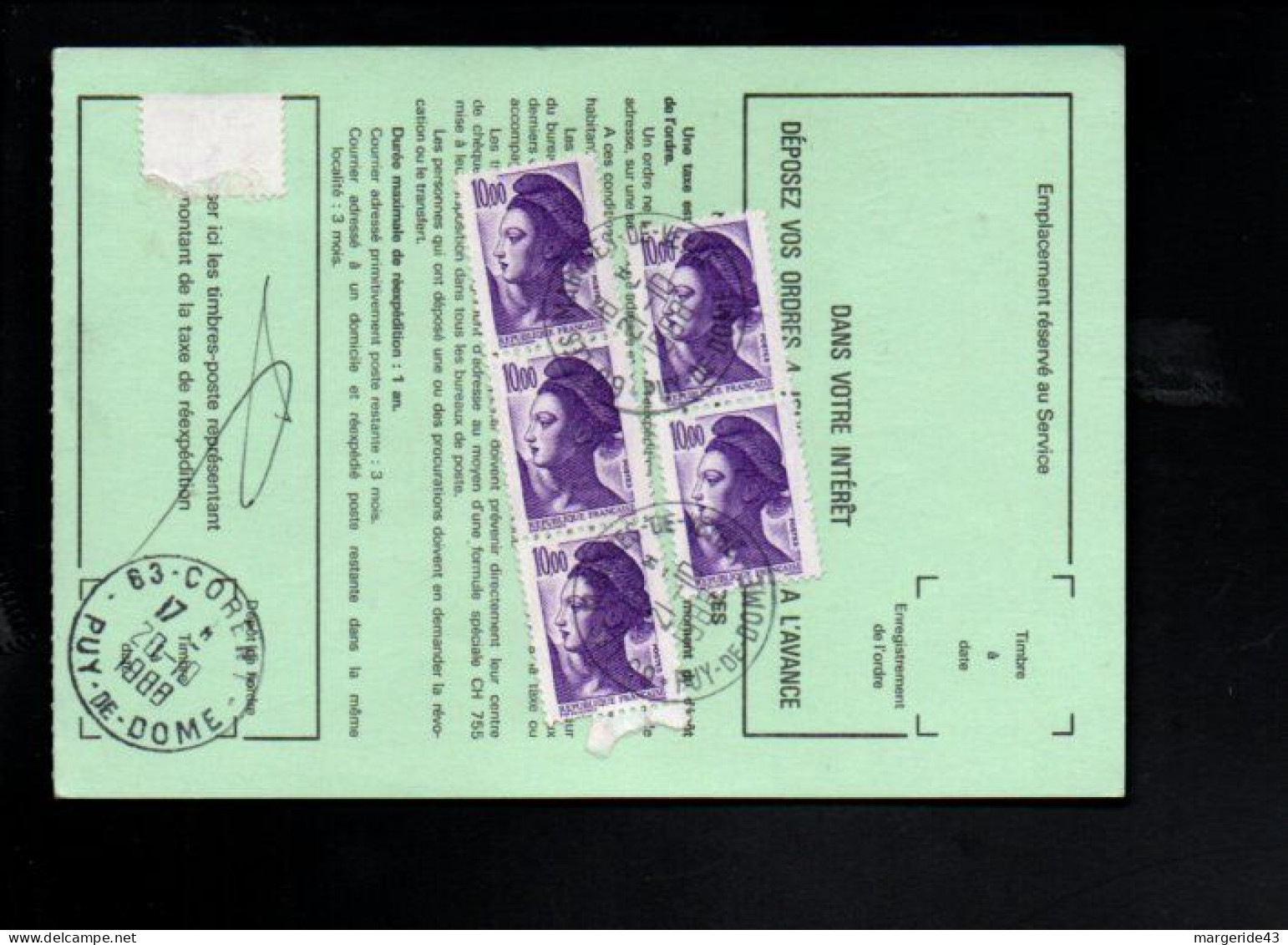 AFFRANCHISSEMENT COMPOSE DE LIBERTE DE GANDON SUR AVIS DE REEXPEDITION DE CORENT PUY DE DOME 1988 - Tarifas Postales