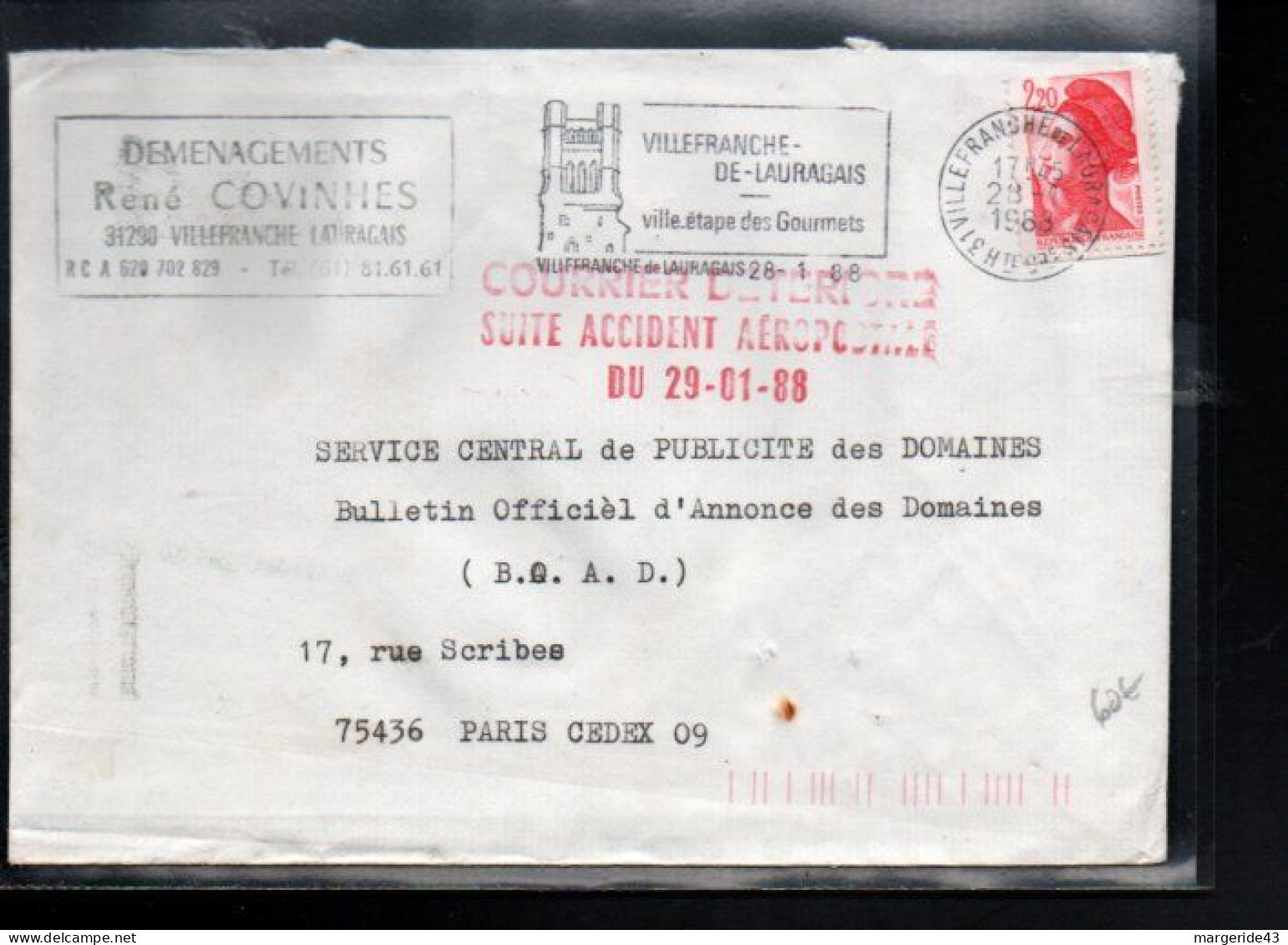 GRIFFE COURRIER DETERIORE SUITE ACCIDENT AEROPOSTALE DU 29/01/88 SUR LETTRE DE VILLEFRANCHE DE LAURAGAIS - Matasellos Manuales