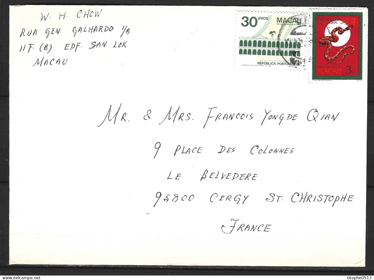 MACAO. N°580 De 1989 Sur Enveloppe Ayant Circulé. Année Du Serpent. - Anno Nuovo Cinese