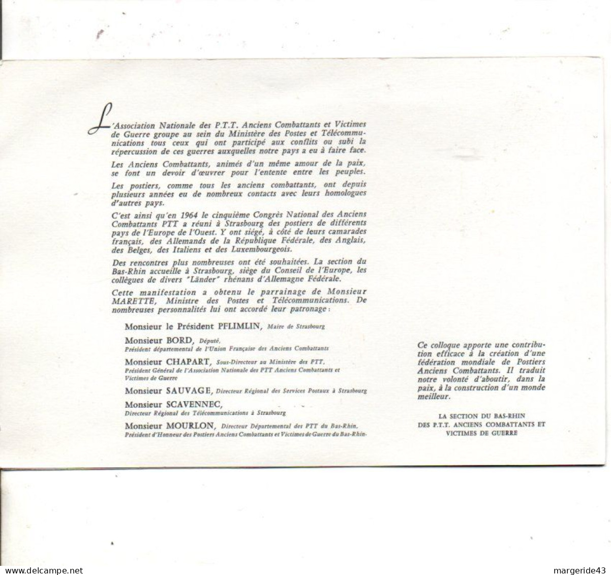 ENCART COLLOQUE PÖSTIERS ANCIENS COMBATTANTS STRASBOURG 1965 - Cachets Commémoratifs