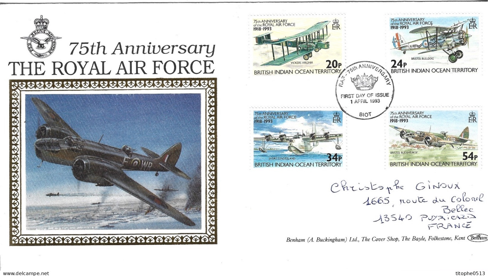 OCEAN INDIEN BRITANNIQUE. N°135-8 De 1993 Sur Enveloppe 1er Jour. Royal Air Force. - Avions