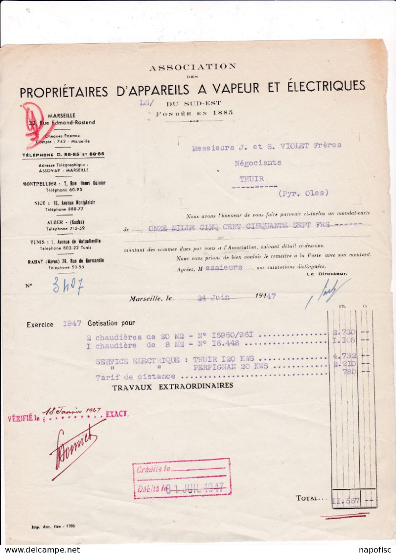 13-Association Des.Propriétaires D'Appareils à Vapeur & Electriques Du Sud-Est...Marseille...(Bouches-du-Rhône)...1947 - Alimentaire