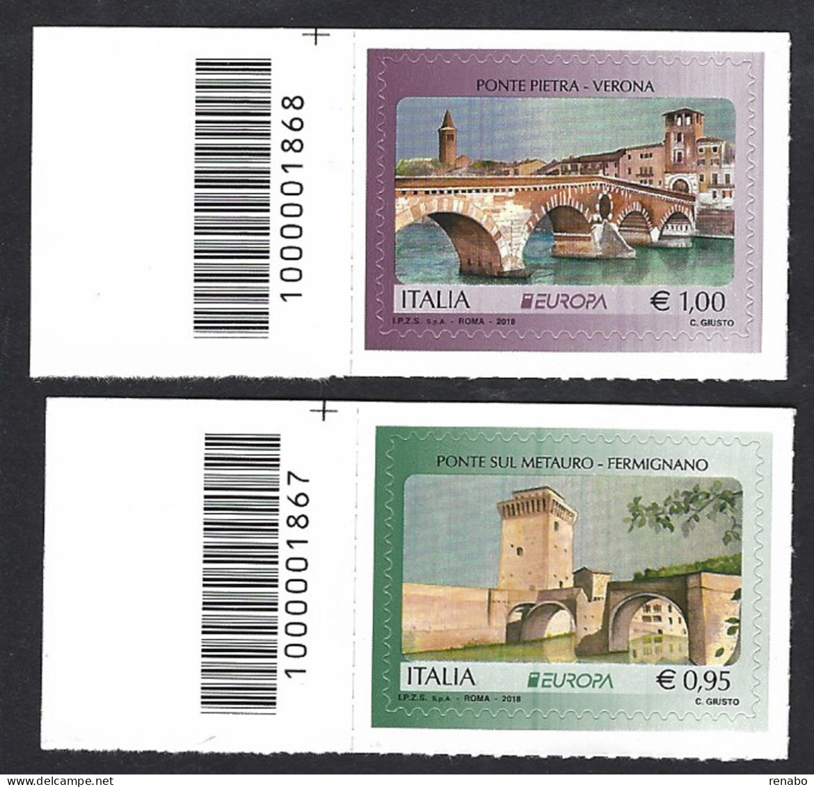 Italia 2018; EUROPA CEPT: Ponte Pietra Di Verona + Ponte Sul Metauro Di Fermignano; Serie Completa A Barre Superiori. - Bar Codes