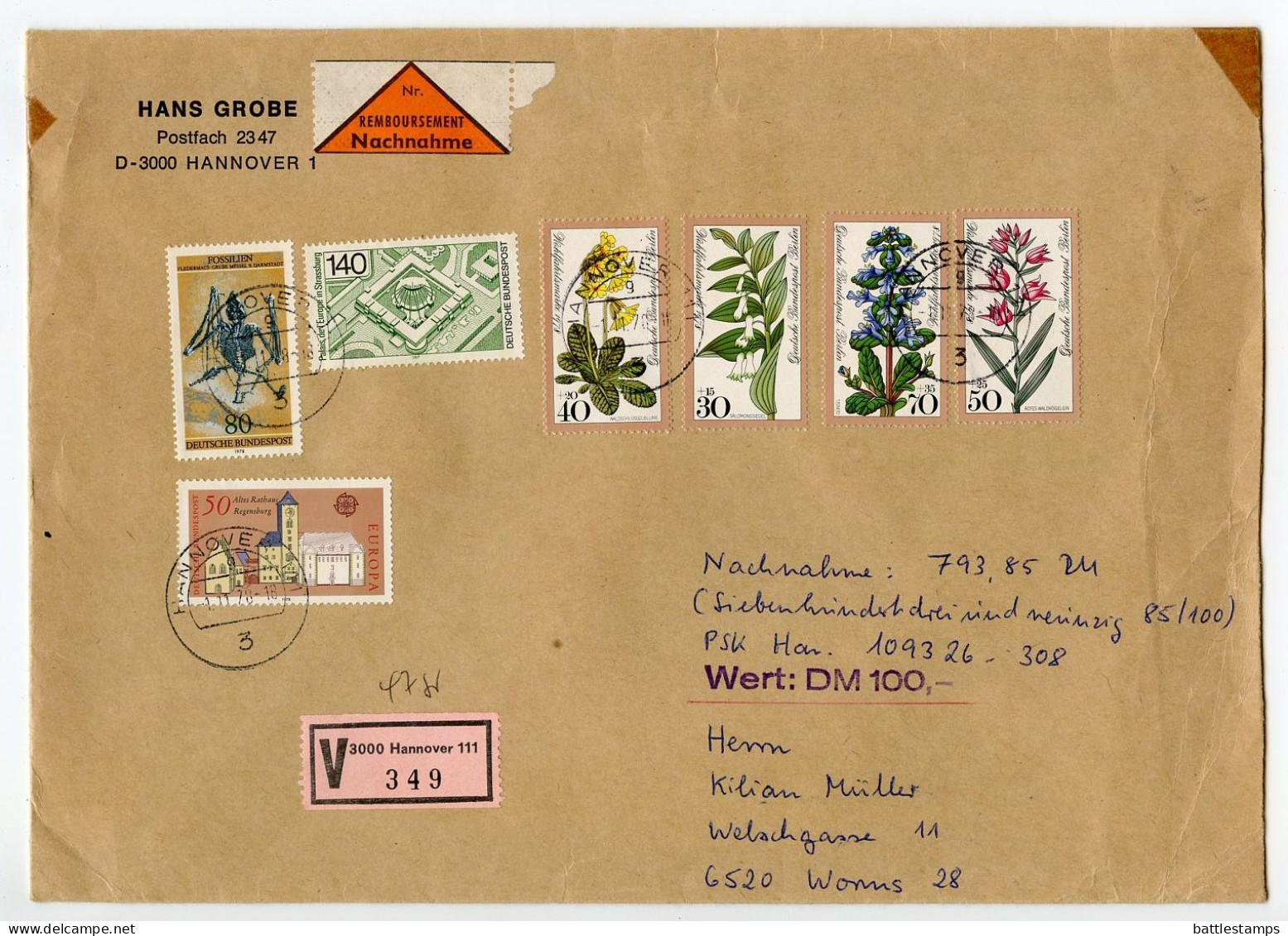 Germany, West 1978 Insured V-Label Cover; Hannover To Worms; Nachnahme Labels; Mix Of Stamps - Lettres & Documents