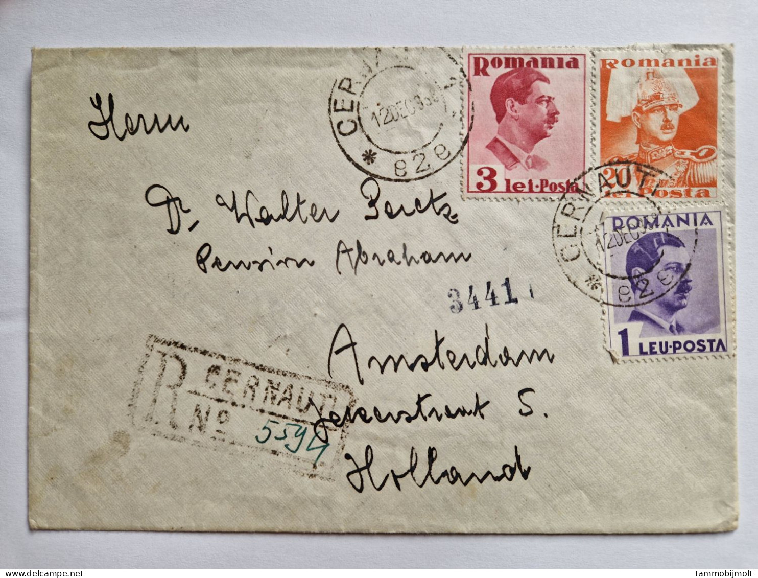 Romania, Registered Cover From Cernauti To Amsterdam 1938 - Storia Postale