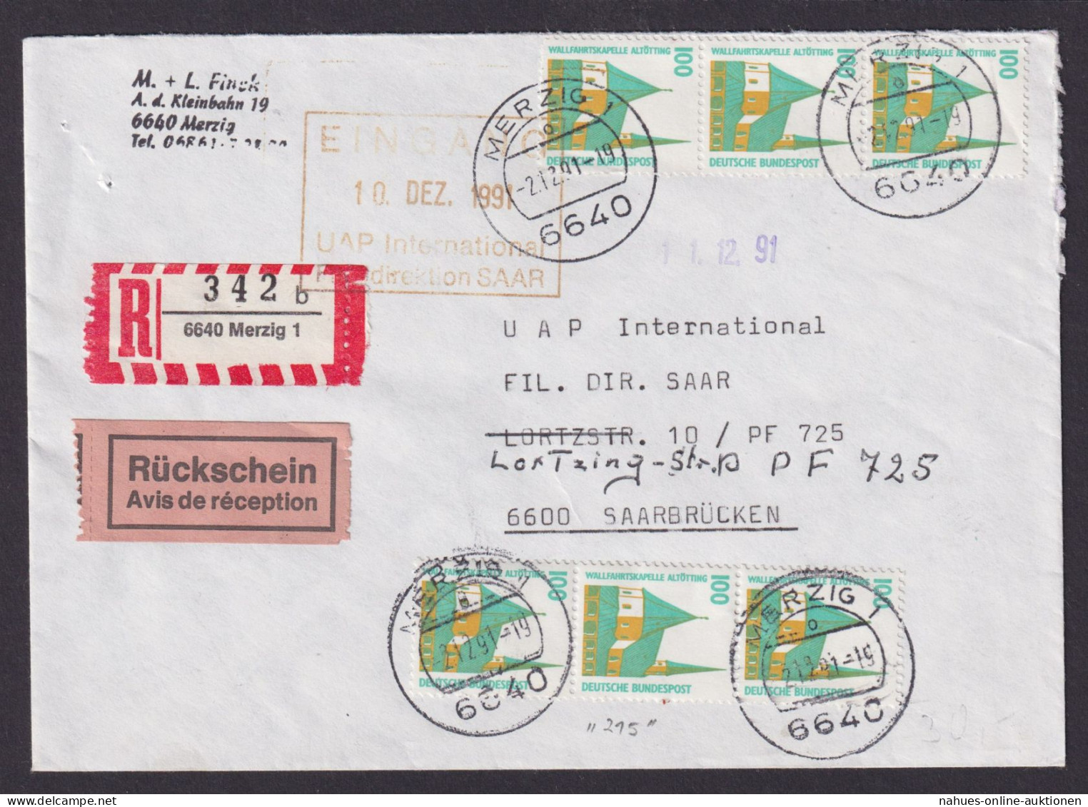 Bund R Brief Rückschein MEF 1406 Mit Schw. Nr 215 SWK Merzig R Brief Saarbrücken - Storia Postale