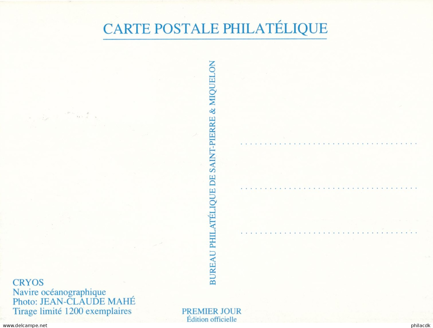 SAINT PIERRE ET MIQUELON - CARTE MAXIMUM BATEAU CRYOS OBLITEREE AVEC CAD DU 6 NOVEMBRE 1991 - Bateaux