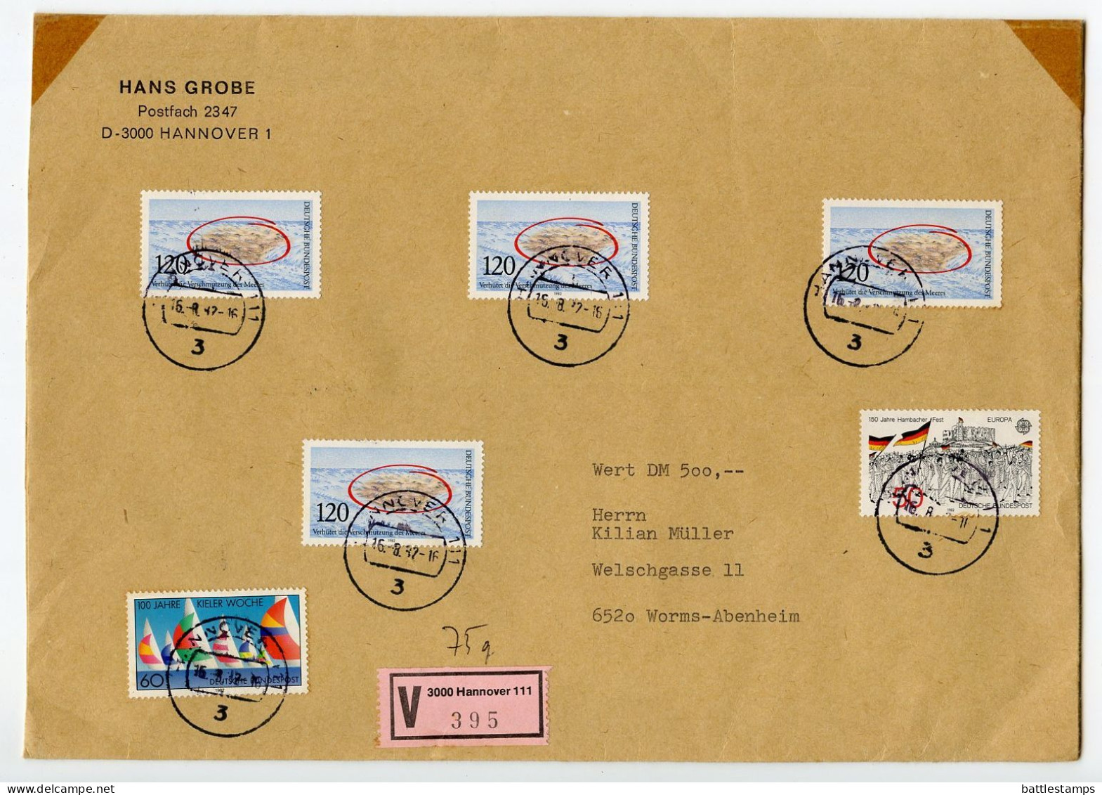 Germany, West 1982 Insured V-Label Cover; Hannover To Worms; Mix Of Stamps - Briefe U. Dokumente