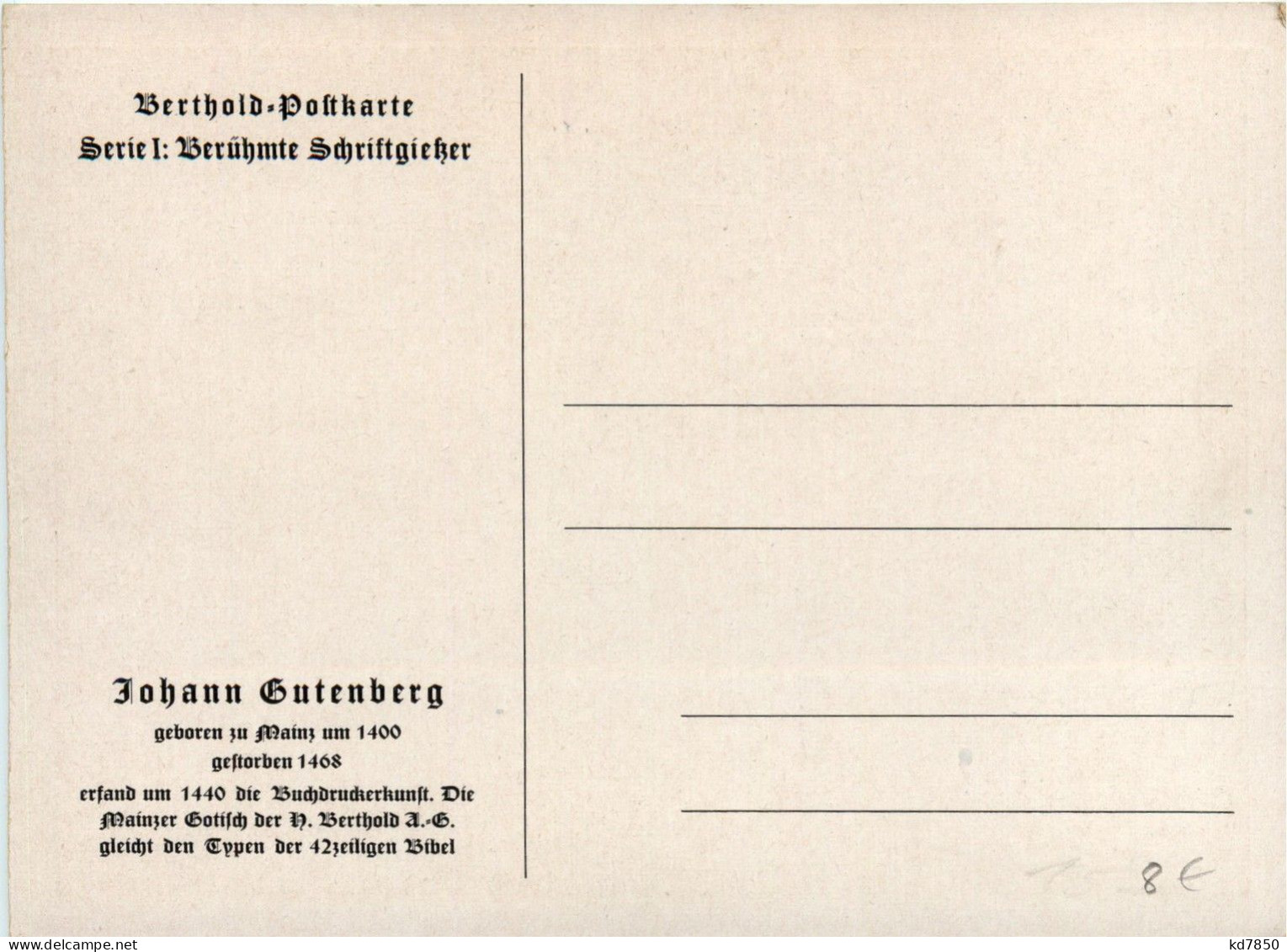 Johann Gutenberg - Berthold Postkarte - Personnages Historiques