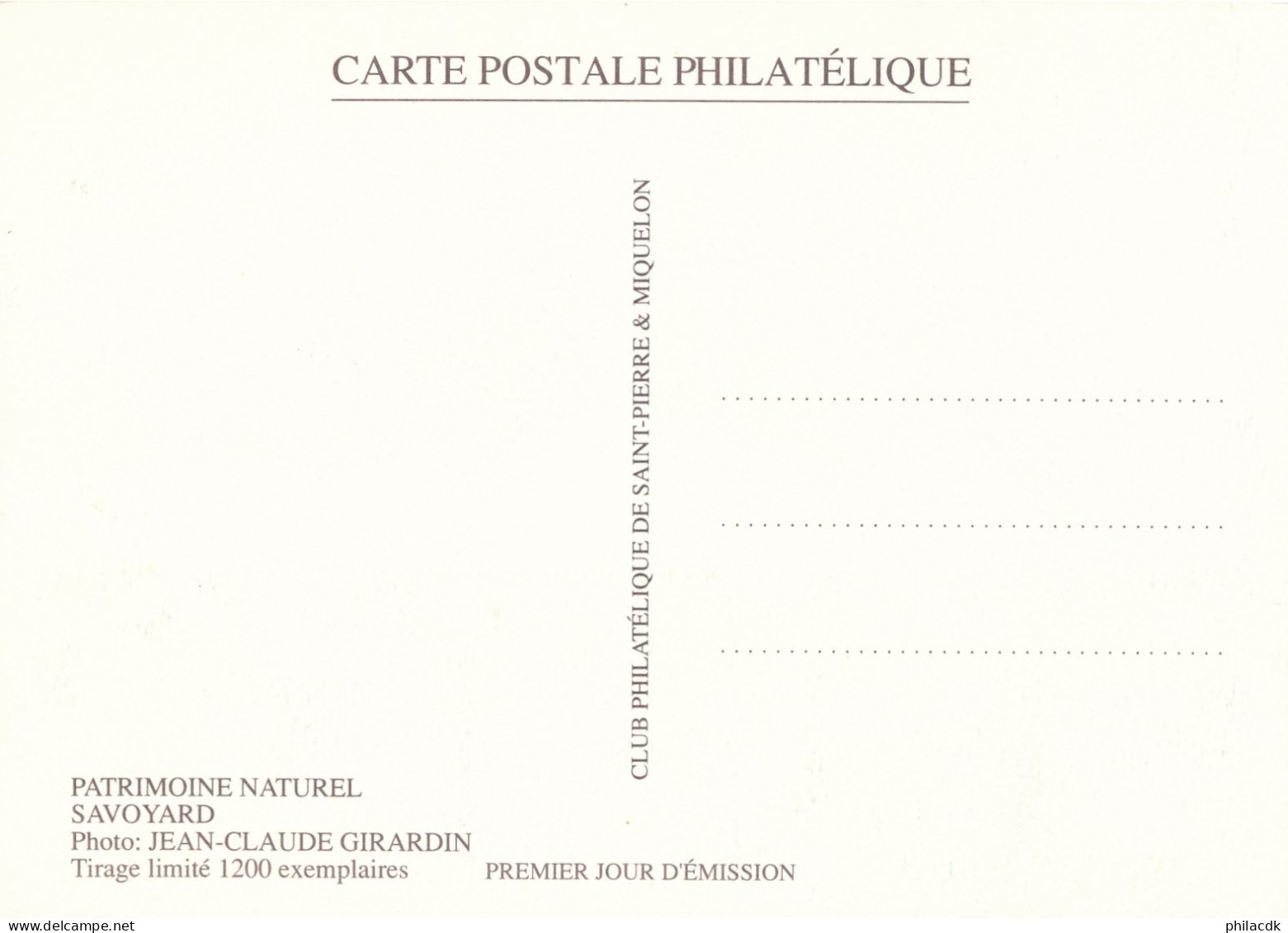 SAINT PIERRE ET MIQUELON - CARTE MAXIMUM PATRIMOINE NATUREL SAVOYARD OBLITEREE AVEC CAD DU 18 OCTOBRE 1991 - Tarjetas – Máxima