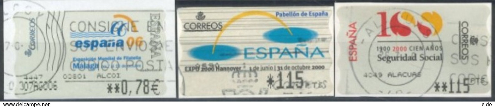 SPAIN - 2000/2006 - INT. PHILATELIC EXH. EXPO 2000 & SEGURIDAD SOCIAL STAMPS LABELS SET OF 3 OF DIFFERENT VALUES, USED . - Gebruikt