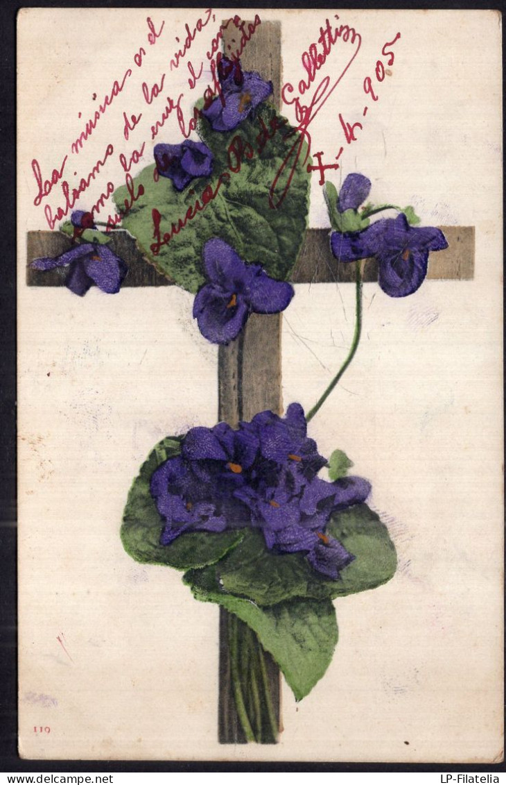 Postcard - 1905 - Flowers - Drawing - Cross With Violet Flowers - Fleurs