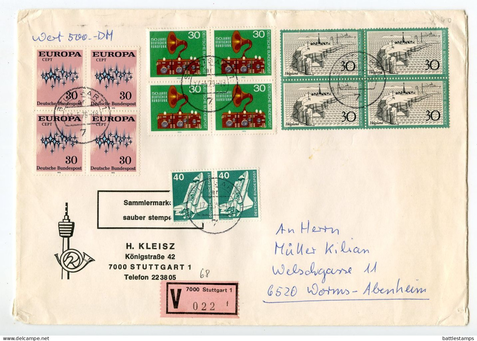 Germany, West 1979 Insured V-Label Cover; Stuttgart To Worms-Abenheim; Mix Of Stamps - Cartas & Documentos