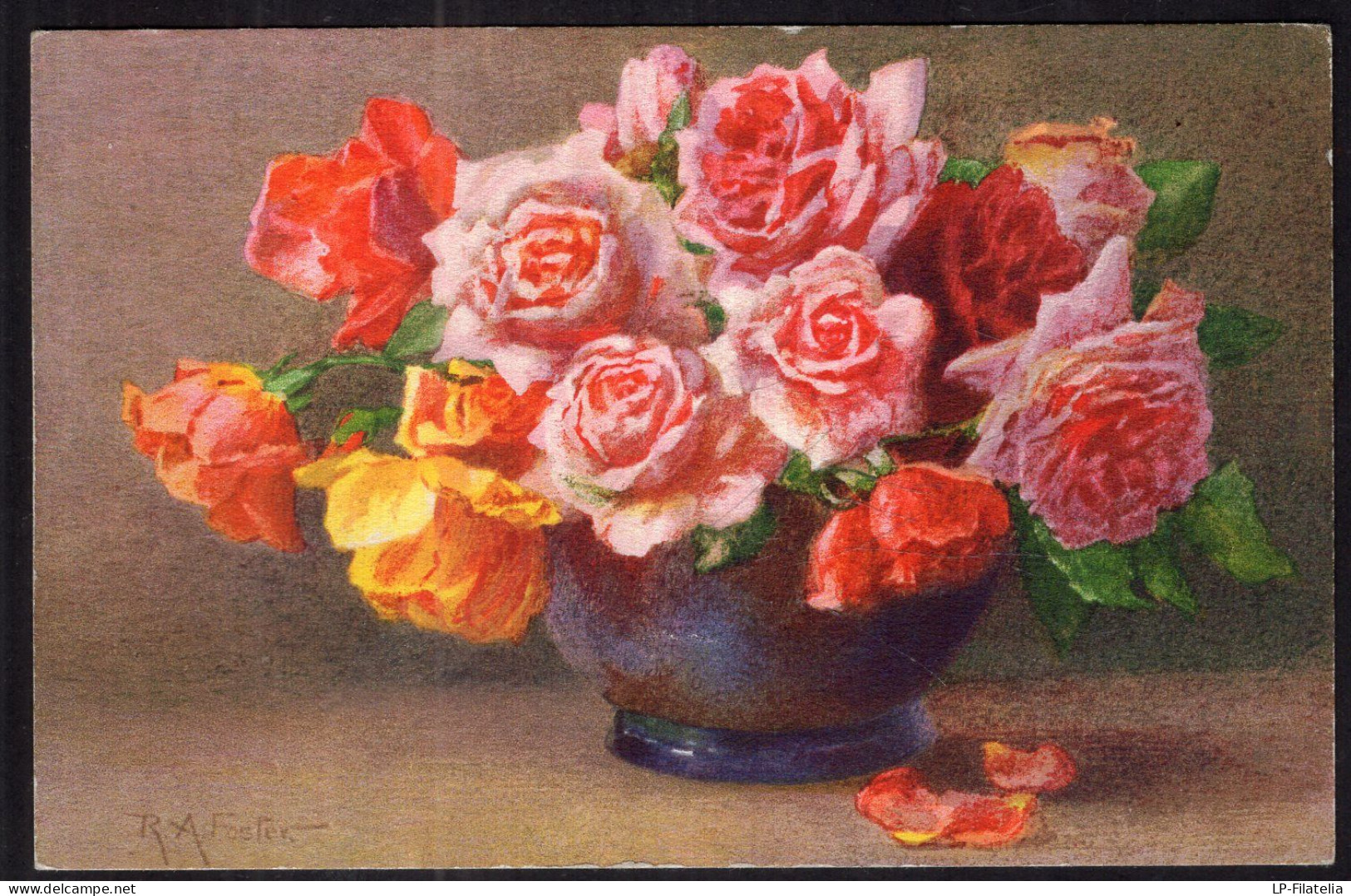 Postcard - Flowers - Painting - R.A. Foster - Bowl With Roses - Flowers