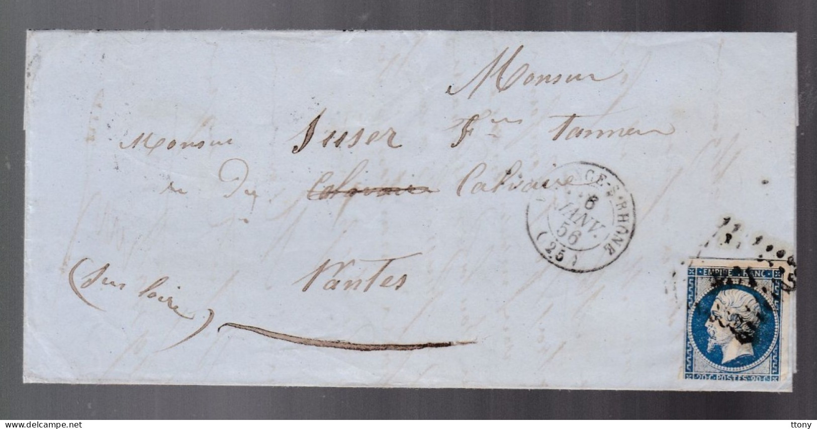 Timbre N° 14 Napoléon III  Bleu     20 C   Sur Lettre  Départ Valence 1856  Destination    Nantes - 1853-1860 Napoléon III