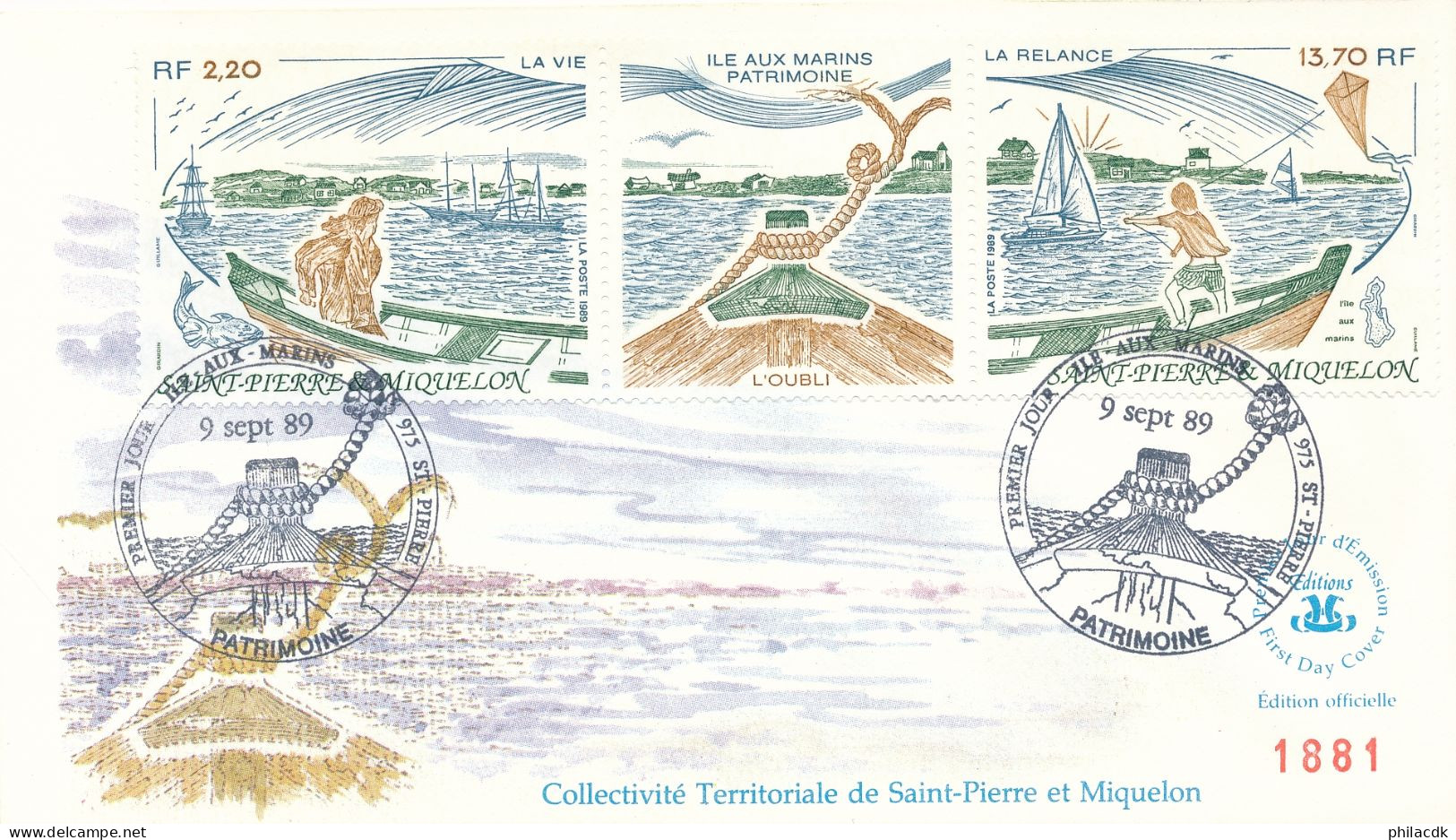 SAINT PIERRE ET MIQUELON - ENVELOPPE PREMIER JOUR OBLITEREE ILE AUX MARINS PATRIMOINE L OUBLI 9 SEPTEMBRE 1989 - FDC