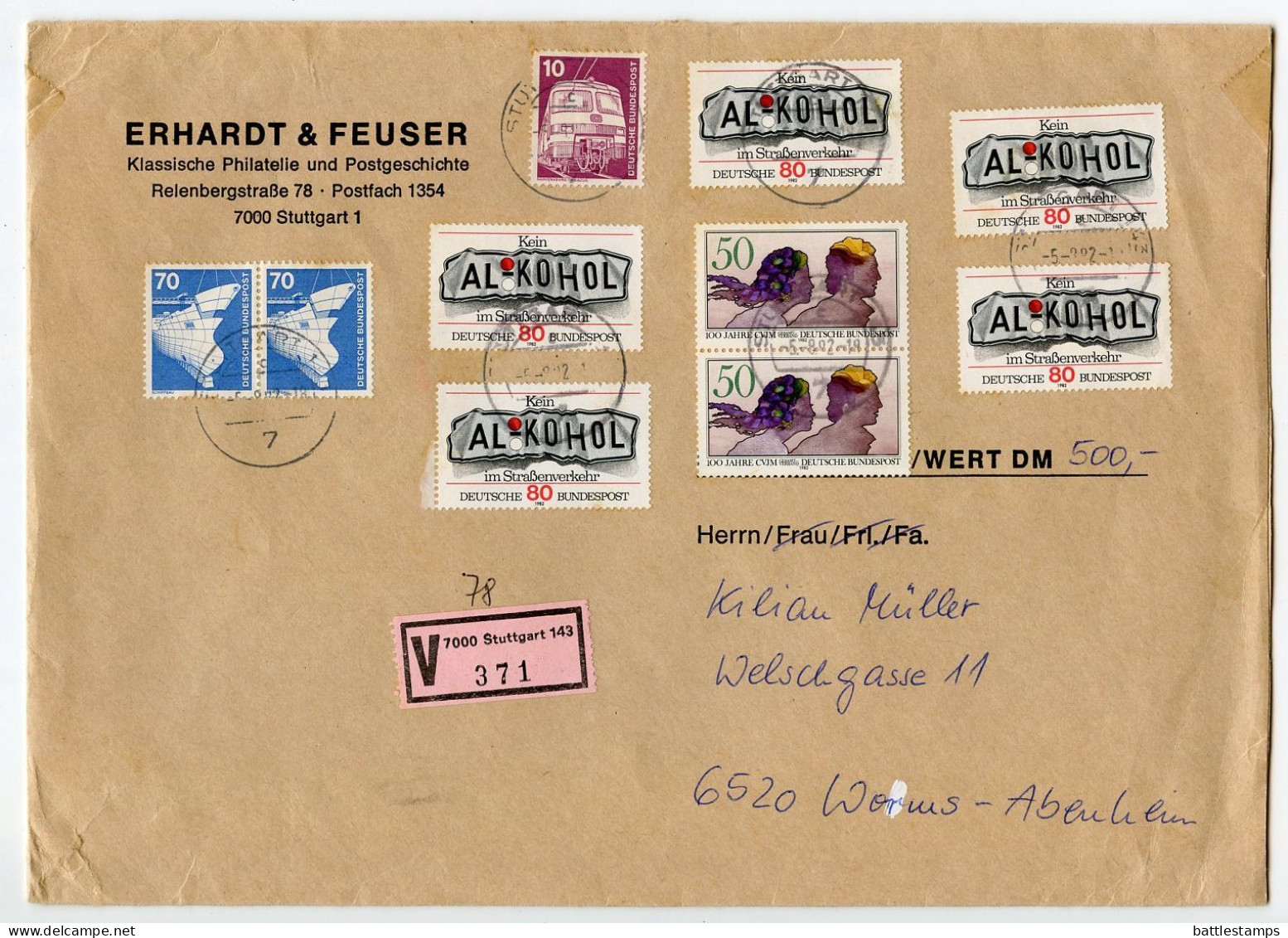 Germany, West 1982 Insured V-Label Cover; Stuttgart To Worms-Abenheim; Mix Of Stamps - Covers & Documents