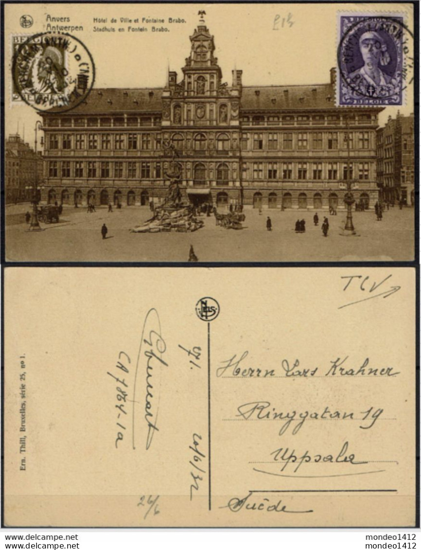 België - Antwerpen Stadhuis En Fontein Brabo - 327 Koningin Elisabeth - Storia Postale