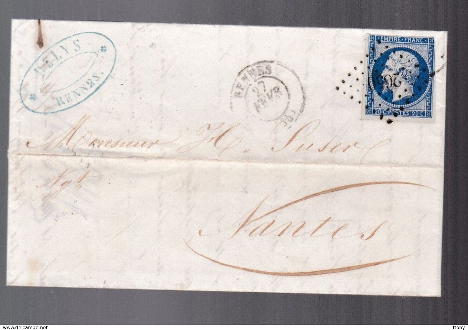 Timbre N° 14 Napoléon III  Bleu     20 C   Sur Lettre  Départ  Rennes  1856  Destination    Nantes Pc 2650 - 1853-1860 Napoléon III