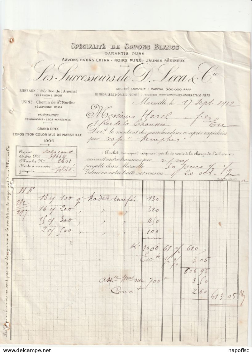 13-D.Leca & Cie Succ..Savons Blancs Garantis Purs, Savons, Bruns, Savons Noirs...Marseille...(Bouches-du-Rhône)...1912 - Drogisterij & Parfum