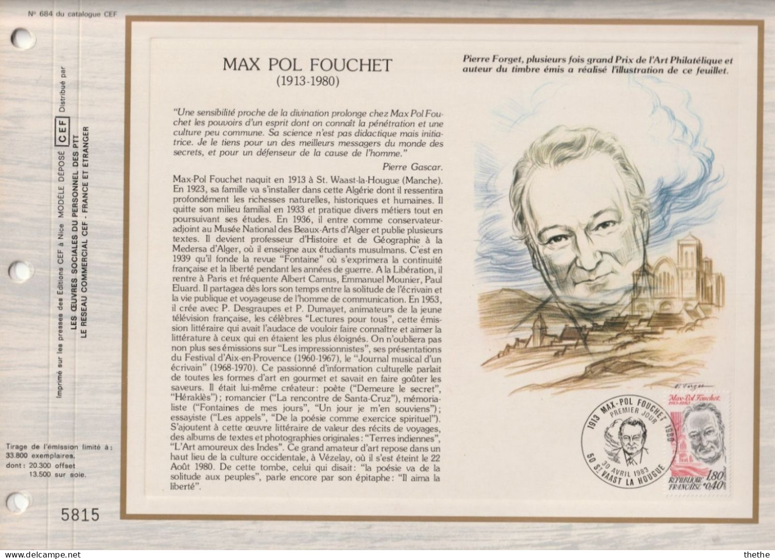 FRANCE - Max-Pol FOUCHET (1913-1980), écrivain - N° 684 Du Catalogue CEF - 1980-1989