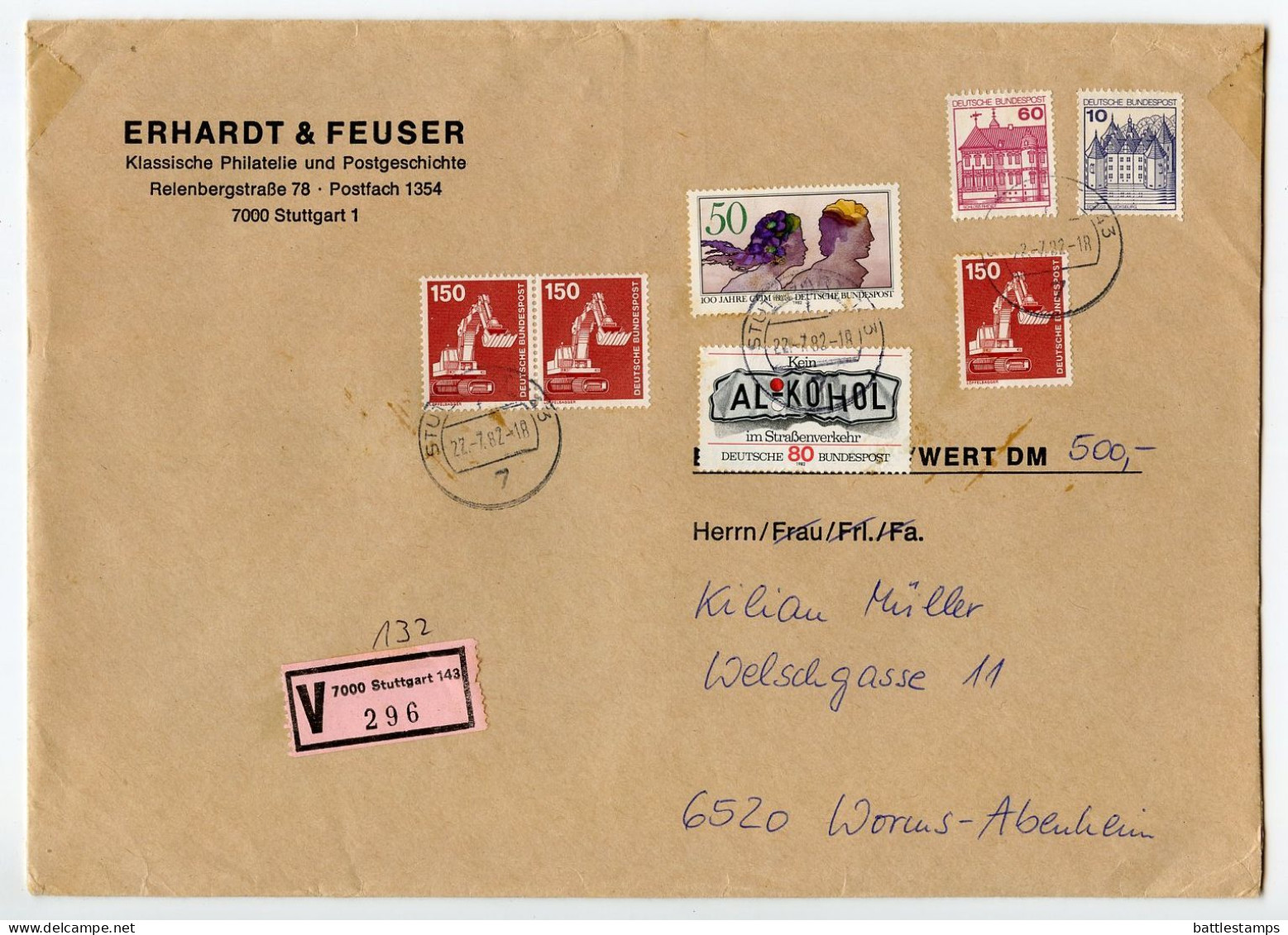Germany, West 1982 Insured V-Label Cover; Stuttgart To Worms-Abenheim; Mix Of Stamps - Covers & Documents