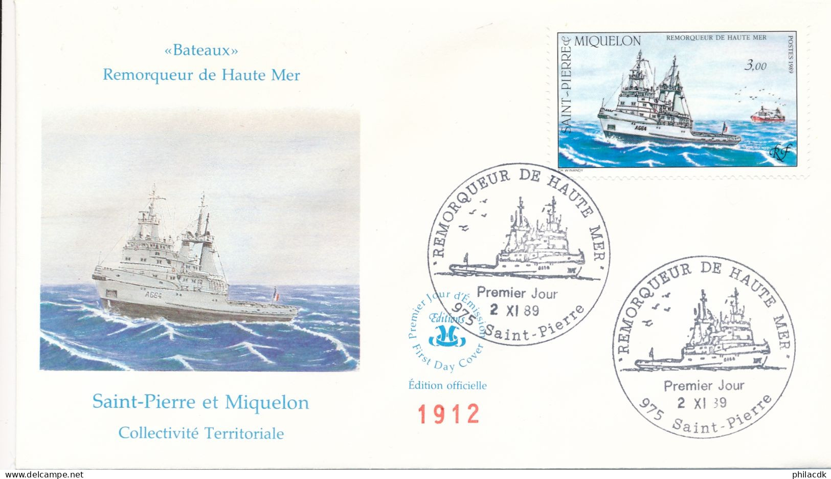 SAINT PIERRE ET MIQUELON - ENVELOPPE PREMIER JOUR OBLITEREE LA PECHE REPERAGE PAR SONDEUR COULEUR 2 NOVEMBRE 1989 - Bateaux