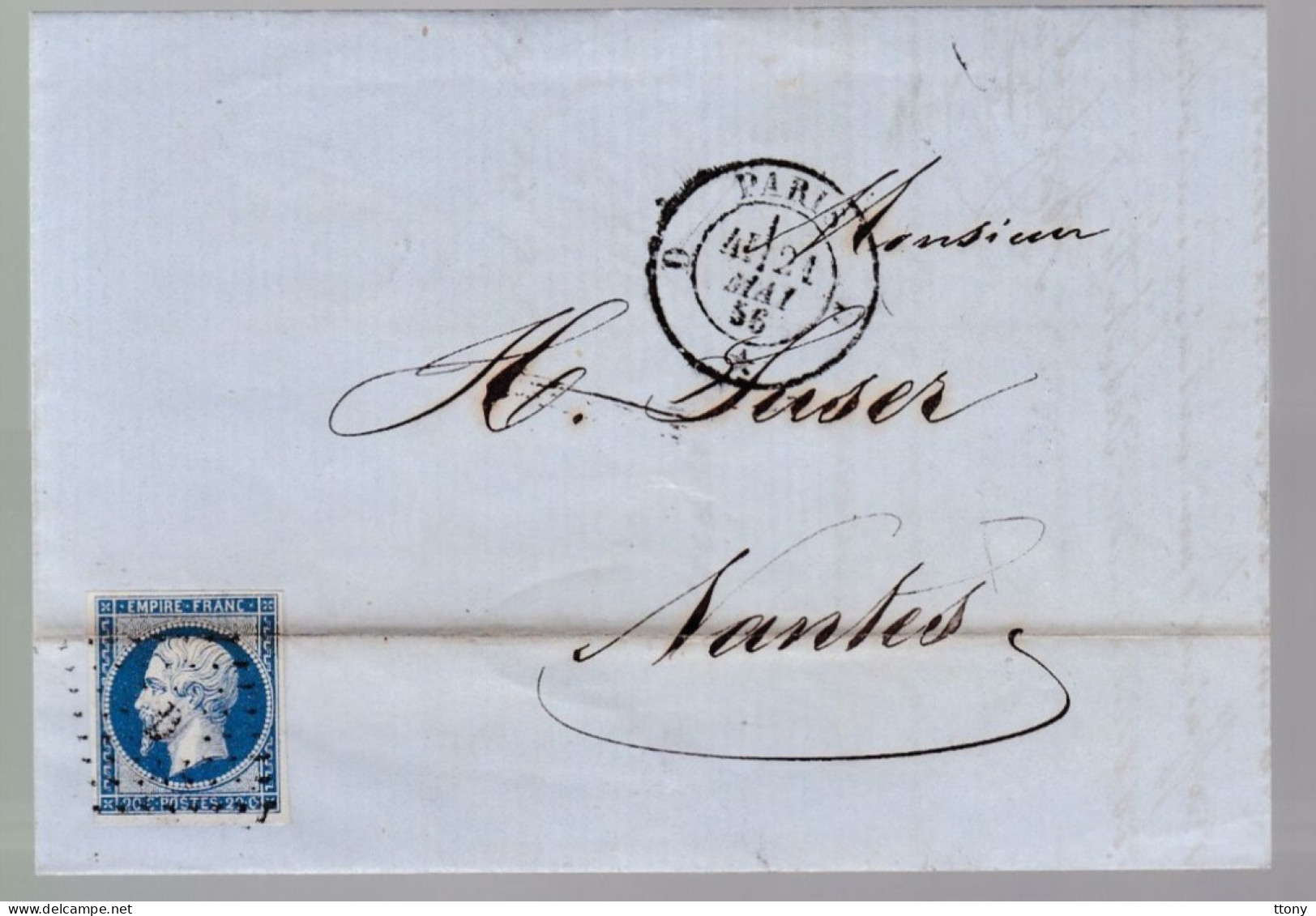 Timbre N° 14 Napoléon III  Bleu     20 C   Sur Lettre  Départ  Paris  1856  Destination    Nantes - 1853-1860 Napoleon III