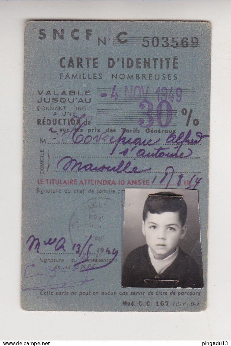 Fixe SNCF Carte D'identité Réduction 30% Année 1949 - Altri & Non Classificati