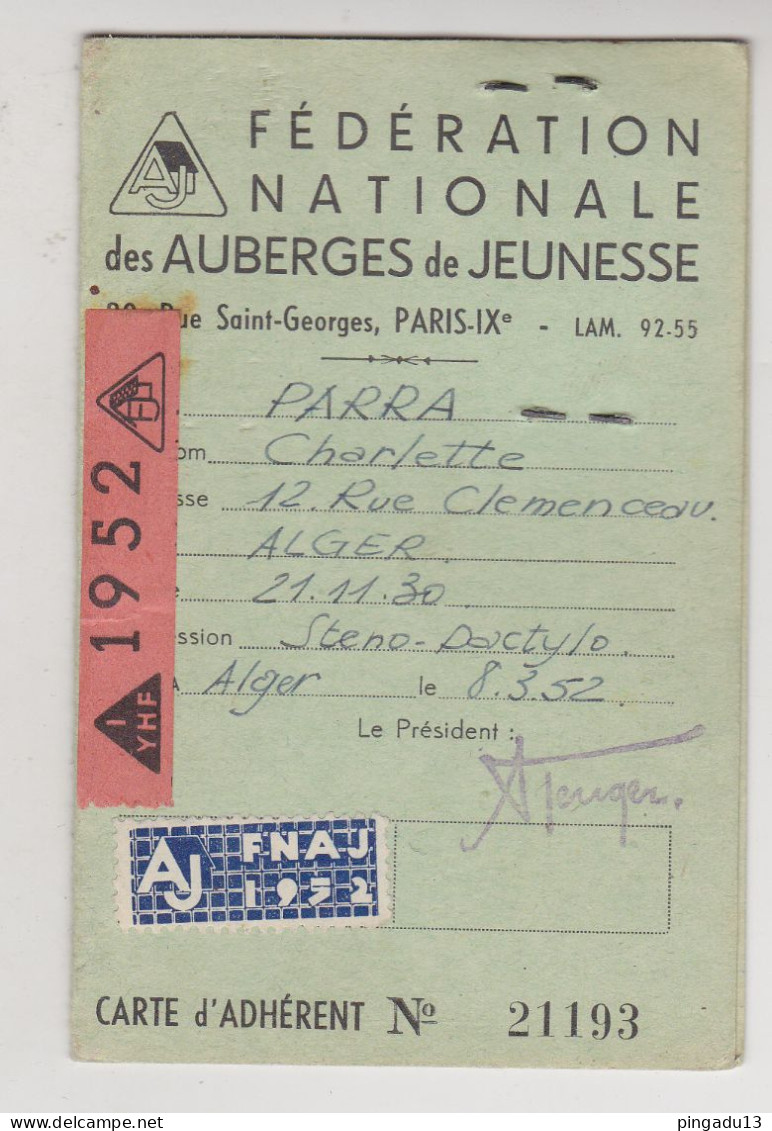 Fixe Carte De Membre Auberges De Jeunesse Année 1952 - Membership Cards