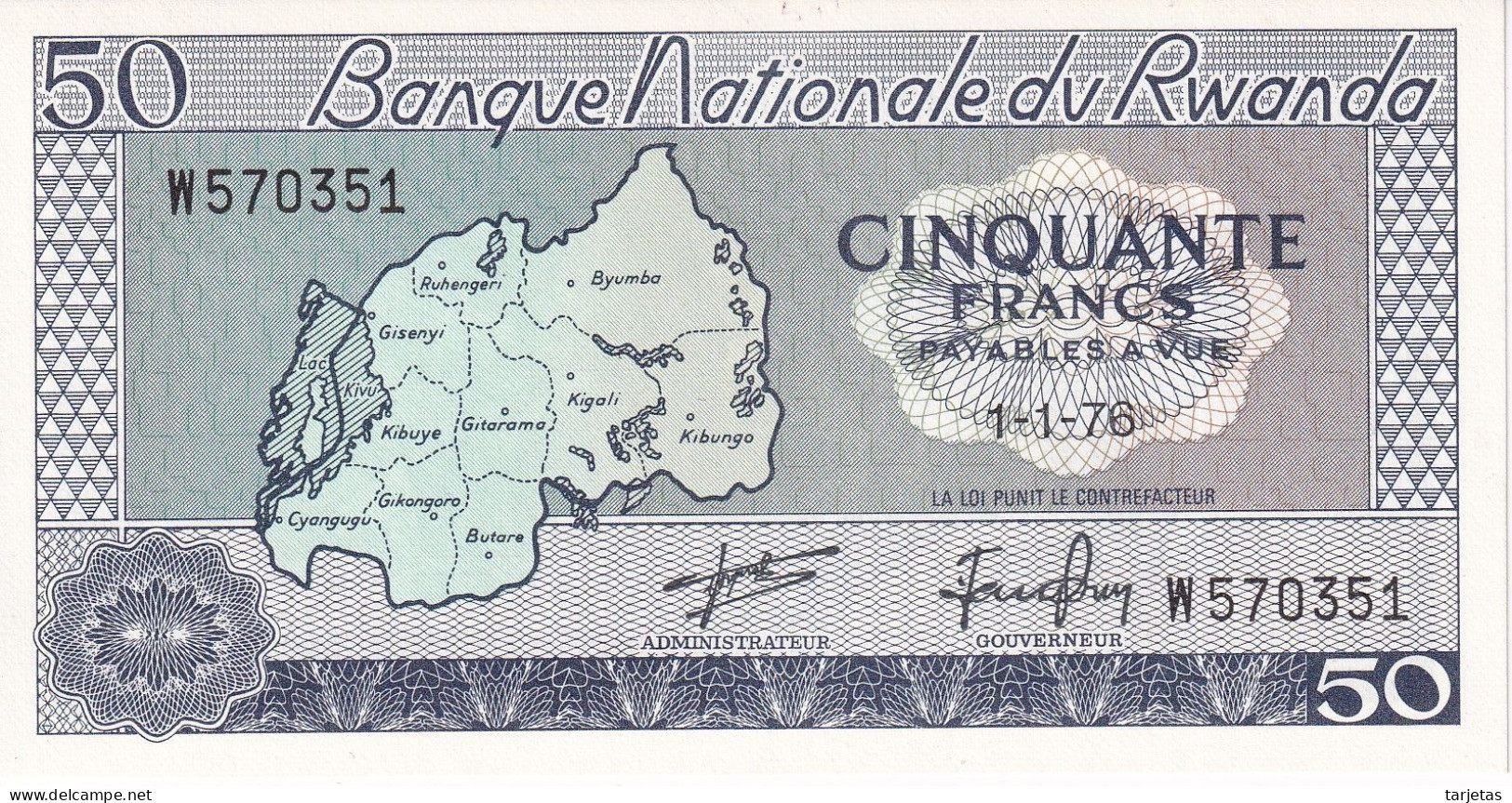 BILLETE DE RWANDA DE 50 FRANCS DEL AÑO 1976 SIN CIRCULAR (UNC)  (BANKNOTE) - Rwanda