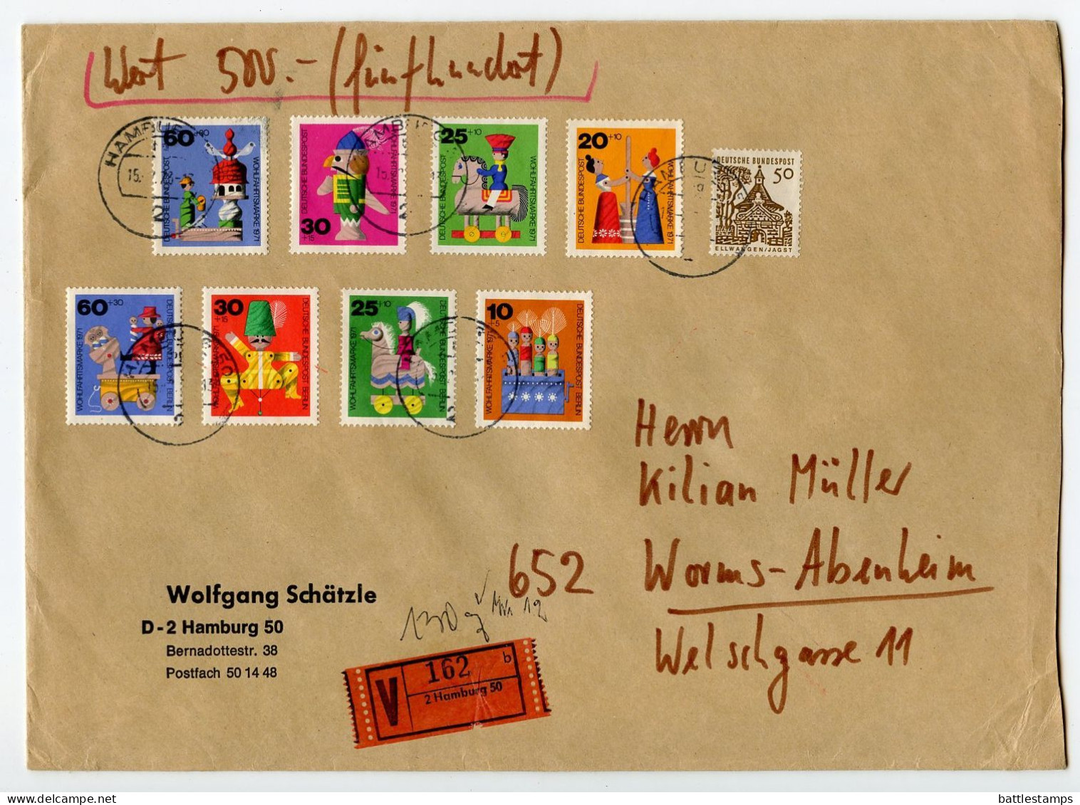 Germany, West 1973 Insured V-Label Cover; Hamburg To Worms-Abenheim; 2 Sets Of Wooden Toys Semi-Postal Stamps - Storia Postale