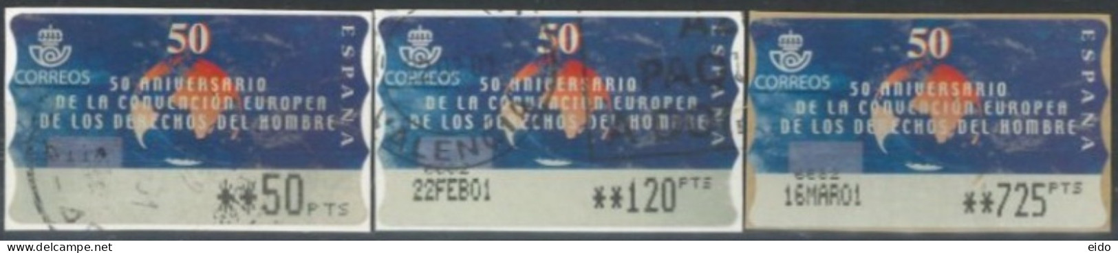 SPAIN - 2001 - 50th ANNIVERSARY OF CONVENTION RIGHTS OF MEN STAMPS LABELS SET OF 3 OF DIFFERENT VALUES, USED . - Gebraucht