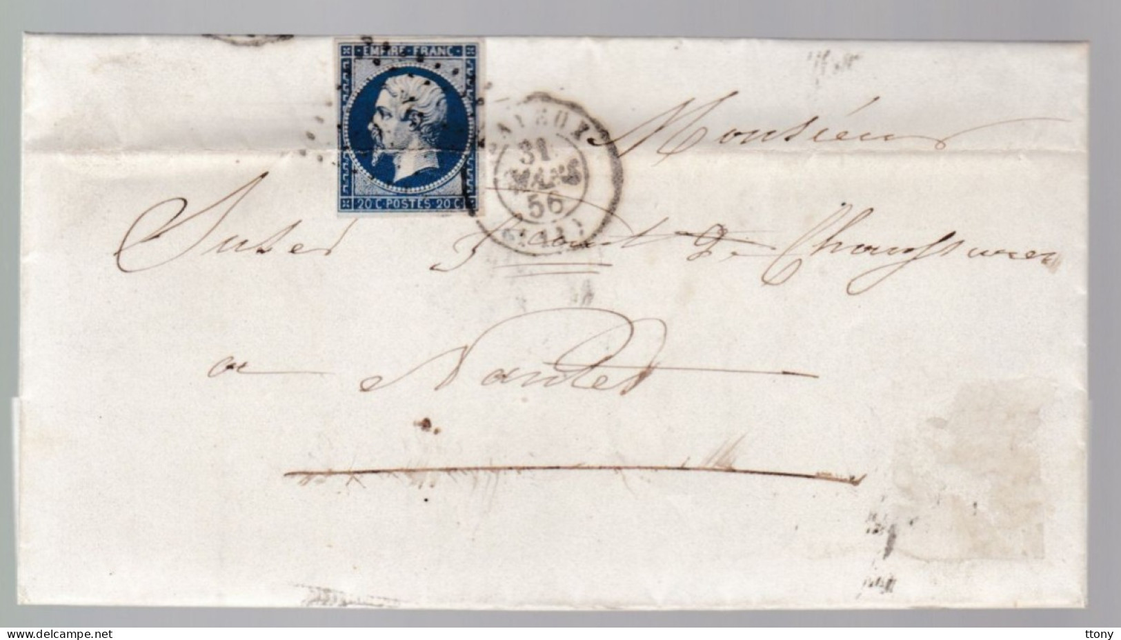 Timbre N° 14 Napoléon III  Bleu     20 C   Sur Lettre  Départ  Bayeux  1856  Destination    Nantes - 1853-1860 Napoléon III