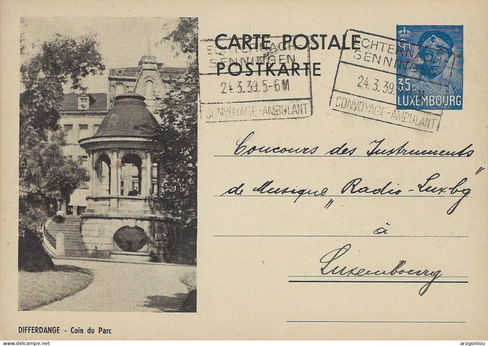 Luxembourg - Luxemburg - Carte-Postale 1939     Differdange   Coin Du Parc    Cachet Echternach - Postwaardestukken