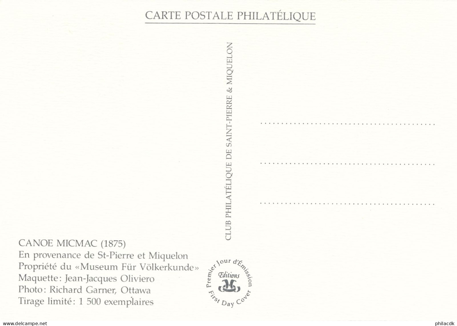 SAINT PIERRE ET MIQUELON - CARTE MAXIMUM CANOE DU 15 AOUT 1990 - Canoa